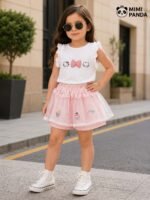 Girls Kitty Bow Top & Layered Tulle Shorts Skirt Co-Ord Set - Image 5