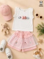 Girls Kitty Bow Top & Layered Tulle Shorts Skirt Co-Ord Set - Image 4