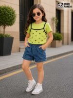 Lime Green Printed Top & Denim Shorts Co-Ord Set - Image 5