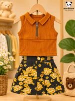 Premium Girls Mustard Ribbed Collar Top & Floral Skort Co-Ord Set - Image 2