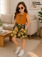 Premium Girls Mustard Ribbed Collar Top & Floral Skort Co-Ord Set - Image 3
