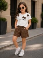 Girls Kitty Face Printed Top & Leopard Print Shorts Co-Ord Set - Image 5