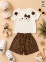 Girls Kitty Face Printed Top & Leopard Print Shorts Co-Ord Set - Image 4