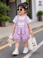 Baby Girls Kitty Appliqué Dungaree Romper & Printed T-Shirt Set - Image 6