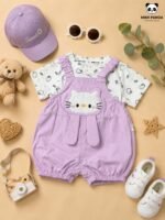 Baby Girls Kitty Appliqué Dungaree Romper & Printed T-Shirt Set - Image 5