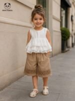 Luxe Layered Lace Top with Embroidered Wide-Leg Pants Co-Ord Set for Girls - Image 5