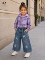 Galaxy Plaid Hooded Shirt with Star Embroidered Wide-Leg Denim Co-Ord Set for Girls - Image 5