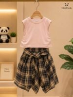 Blush Bow Tee with Plaid Tie-Waist Skirt Co-Ord Set for Girls - Image 4