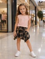 Blush Bow Tee with Plaid Tie-Waist Skirt Co-Ord Set for Girls - Image 5