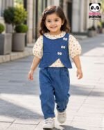 Elegant Denim Co-ord Set with Floral Puff Sleeve Top for Girls - Image 5