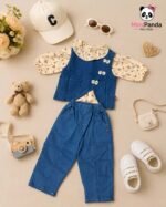 Elegant Denim Co-ord Set with Floral Puff Sleeve Top for Girls - Image 6