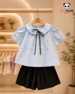 Elegant Sky Blue Bow Top & Black Pleated Skirt Co-ord Set for Girls - Image 4