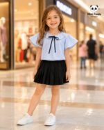 Elegant Sky Blue Bow Top & Black Pleated Skirt Co-ord Set for Girls - Image 5
