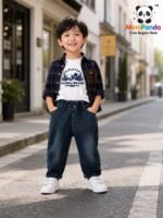 Mimi Panda Explorer Luxe Denim Co-ord Set for Boys – Midnight Check Edition - Image 6